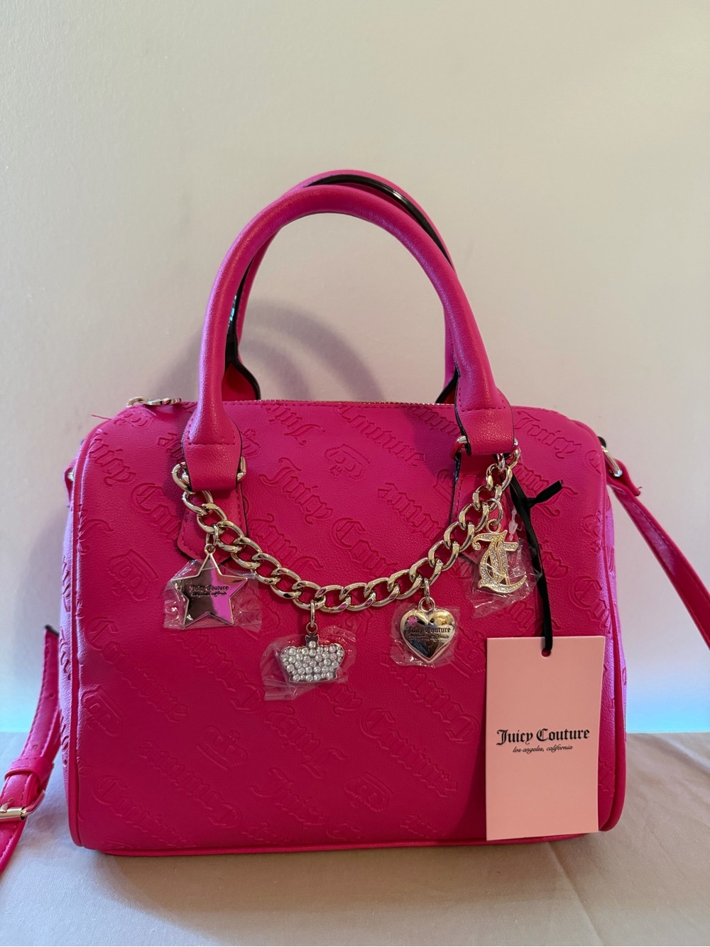 Juicy Couture Hot Pink Embossed Satchel with Charm Chain